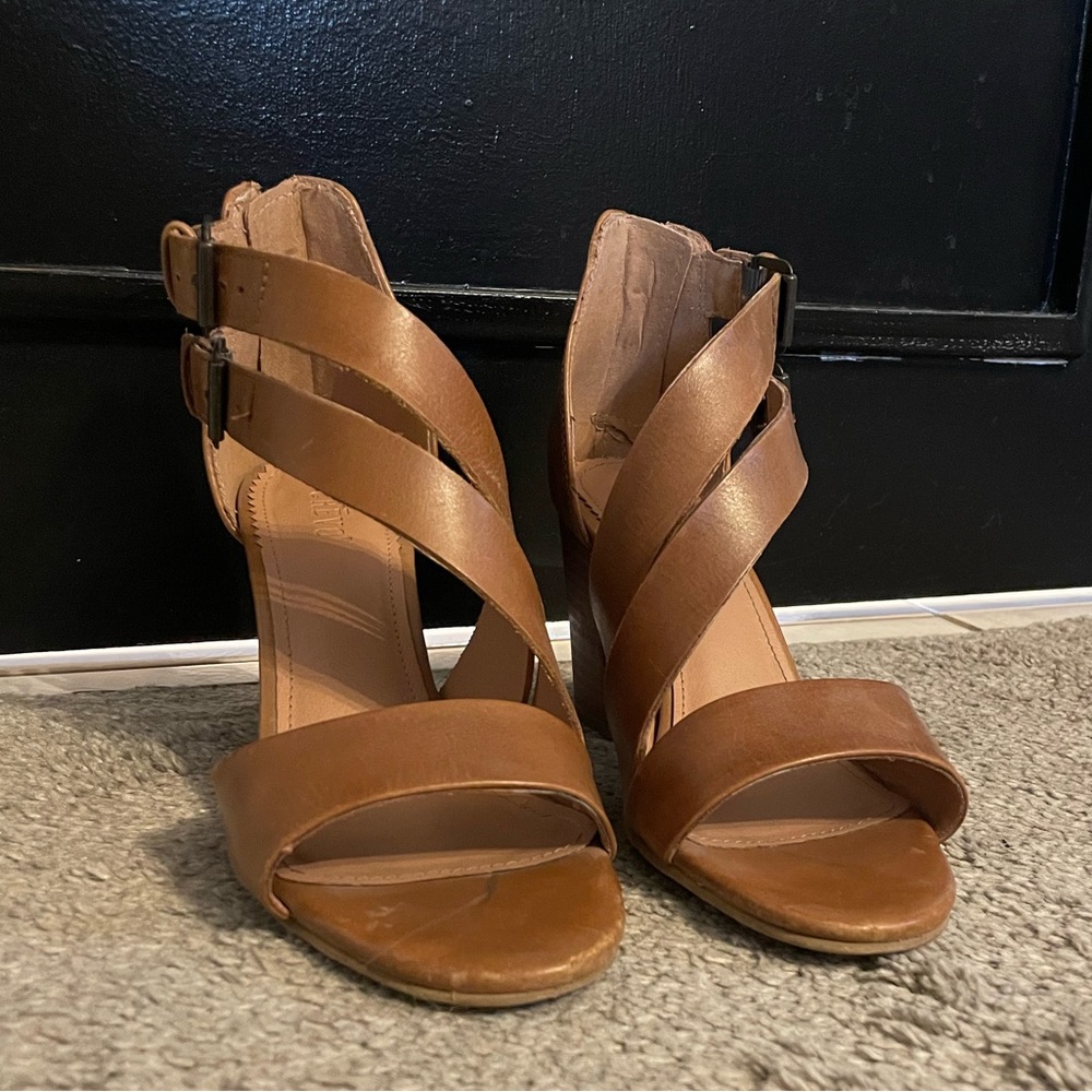 Camel Leather Block Heeled Sandals